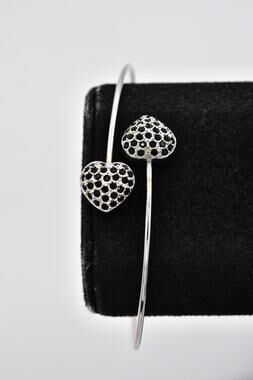 Vintage NOS Black Rhinestone Crystal Double Heart Cuff Bracelet Silver 80s NS7